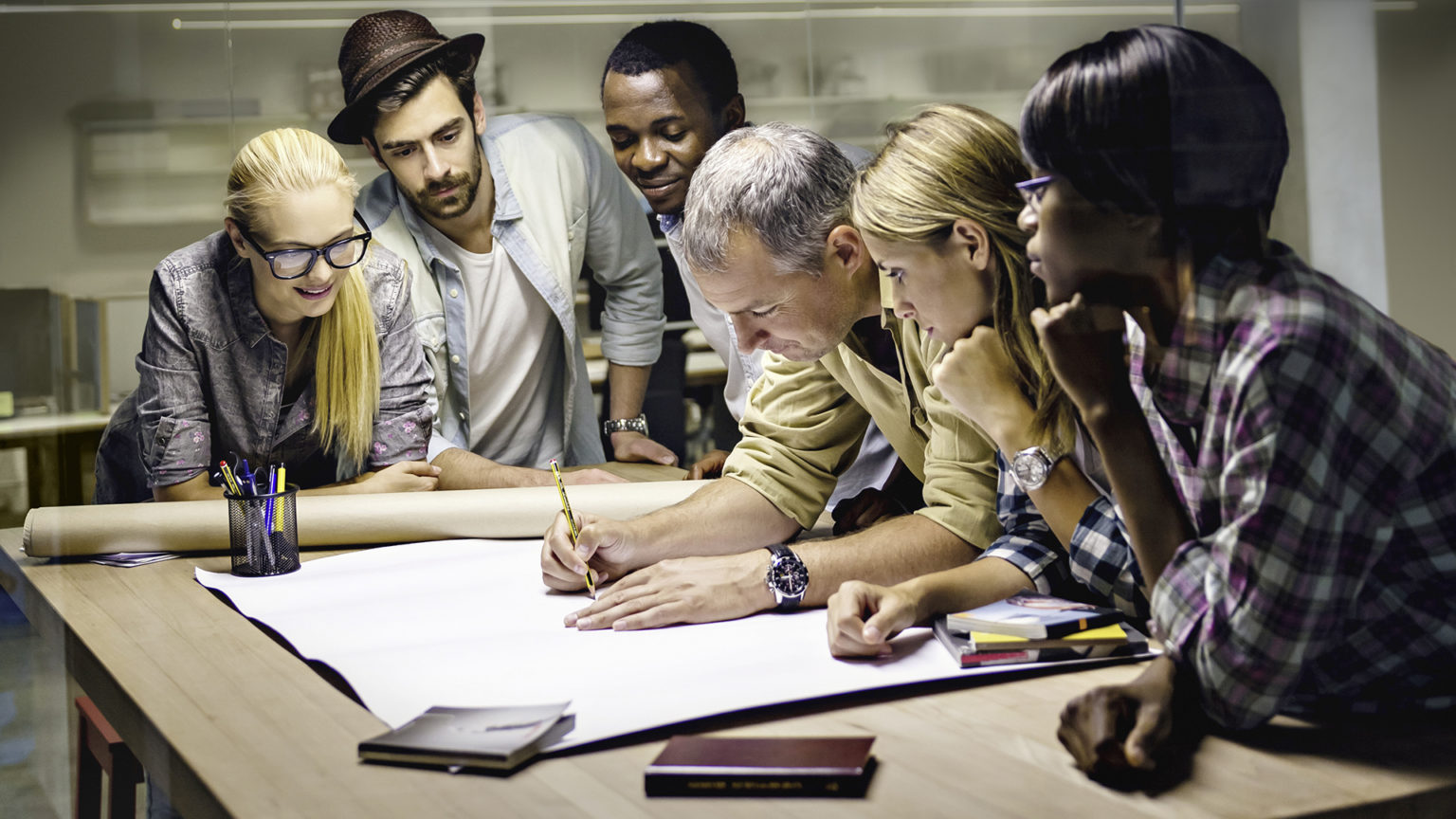 Group of coworkers working together